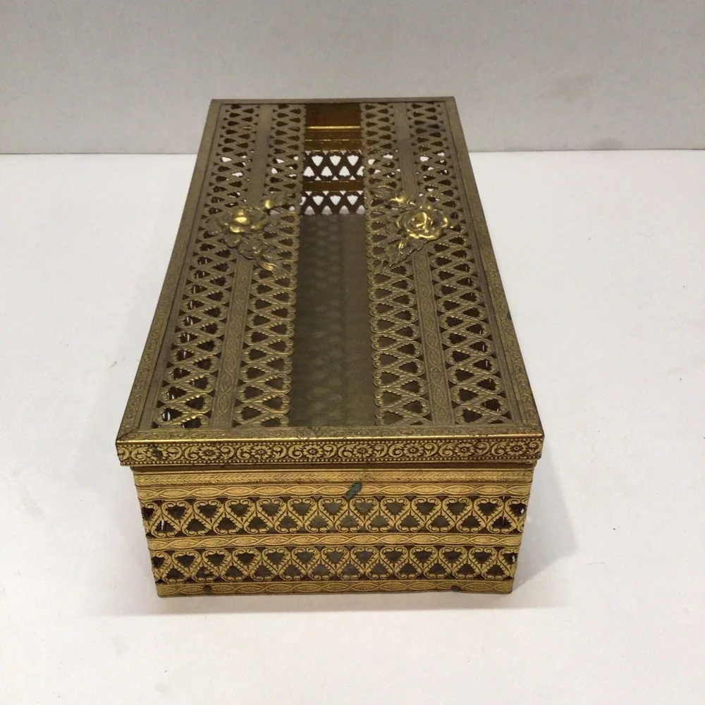 Vintage Brass Tissue Box Holder Gold  Filigree‎ Hollywood Regency Roses